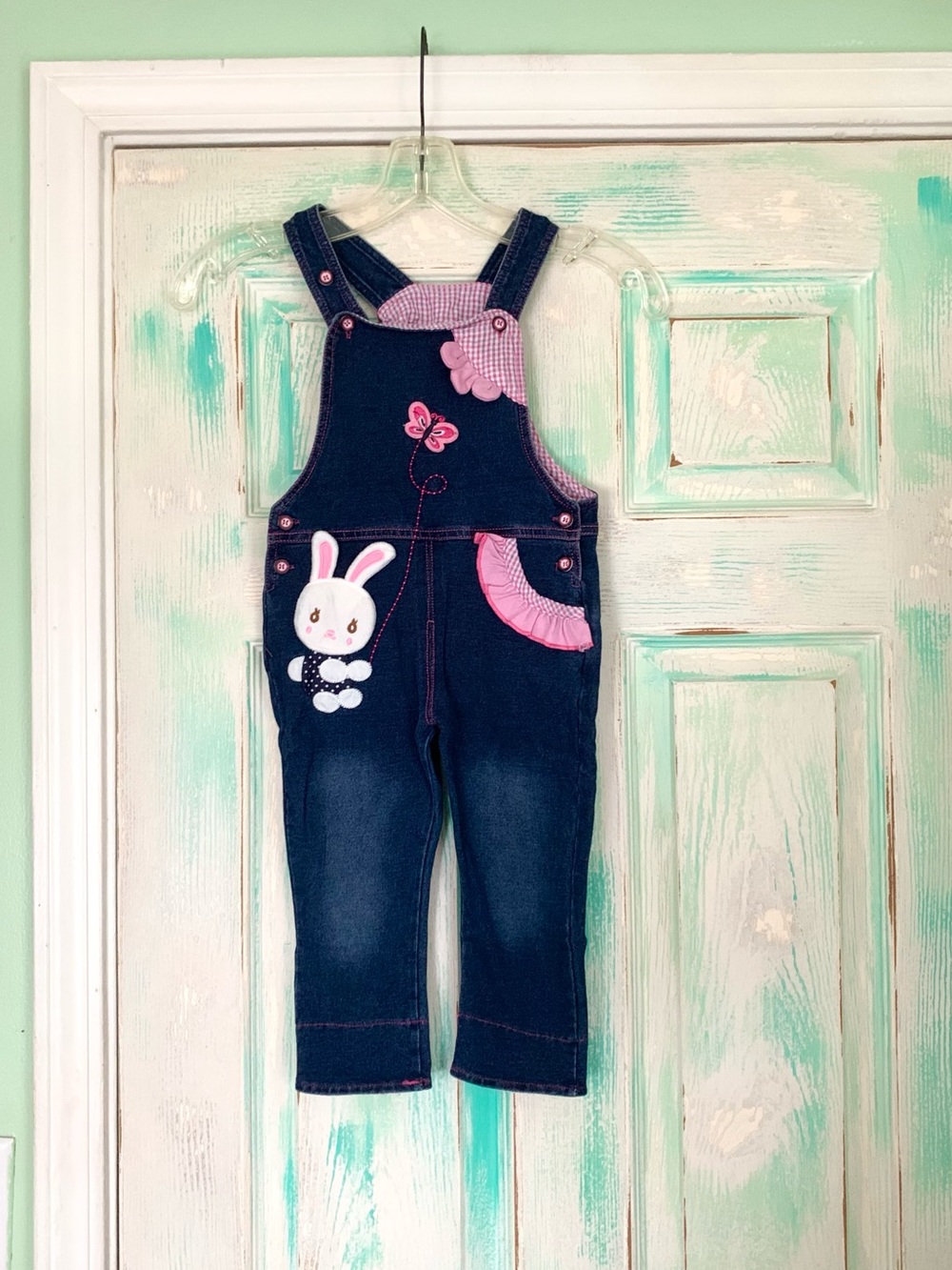 Girl’s Kidscool Space Denim & Pink Bunny Rabbit Overalls Jumper
